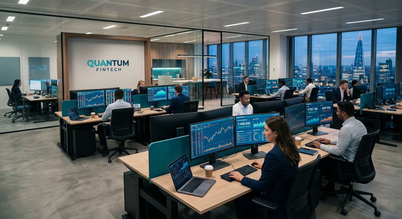 Modern fintech office with financial data on screens