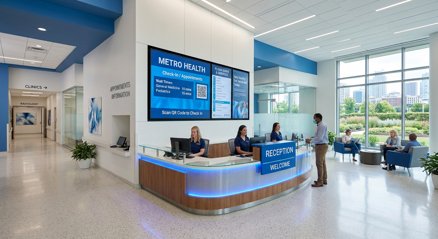 Modern hospital reception area with digital health screens