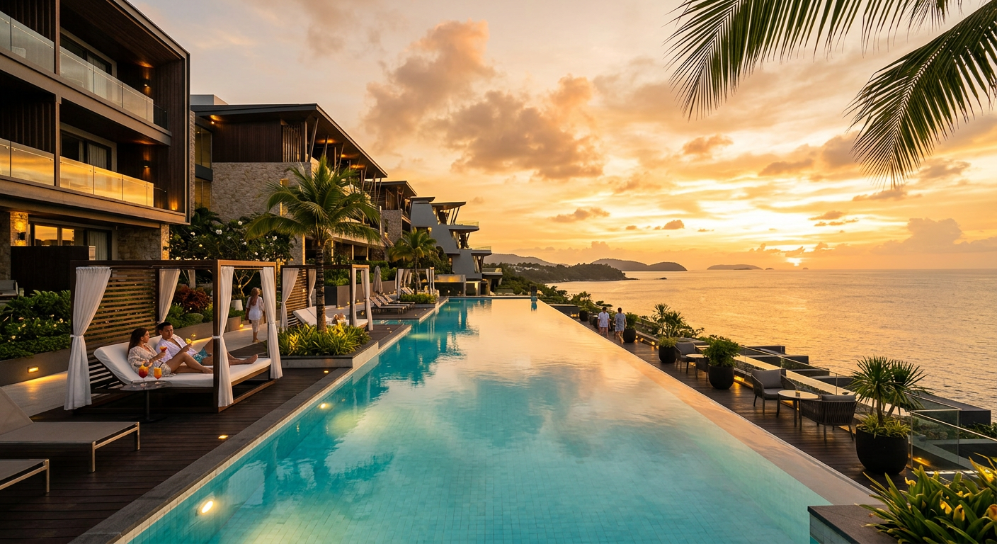 Boutique resort hotel pool at sunset
